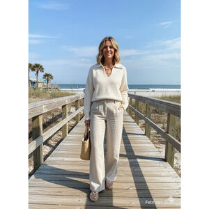 Industry Cream Bouclé Knit Polo Sweater XL White Soft Cotton Blend Coastal